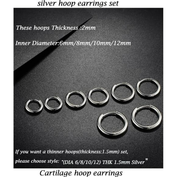 Stainless Steel Huggie Hoop Earrings Set Hypoallergenic Cartilage Lobe - Picture 3 of 7